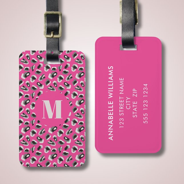 Etiqueta De Bagagem Animal Print rosa leopardo (Hot pink animal print monogram luggage tag with personalized contact details to reverse.)