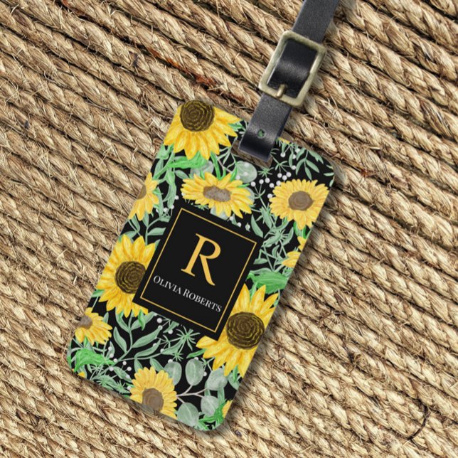 Etiqueta De Bagagem Aquarela Girassóis em Monograma Negro (Criador carregado)