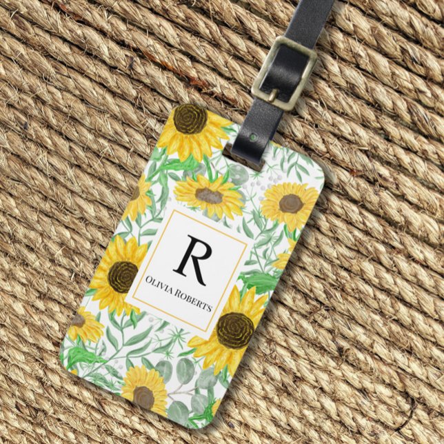 Etiqueta De Bagagem Aquarela Girassóis Monograma (Criador carregado)