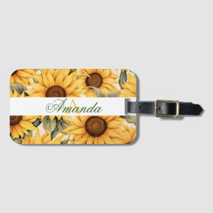 Etiqueta De Bagagem Aquarela Verde e Amarelo Girassóis Monograma