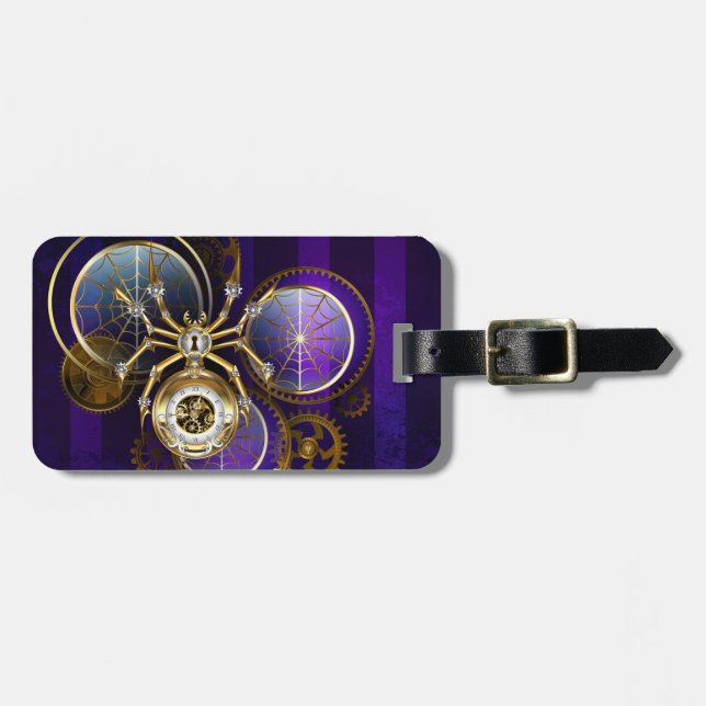 Etiqueta De Bagagem Aranha Steampunk no fundo roxo (Frente Horizontal)