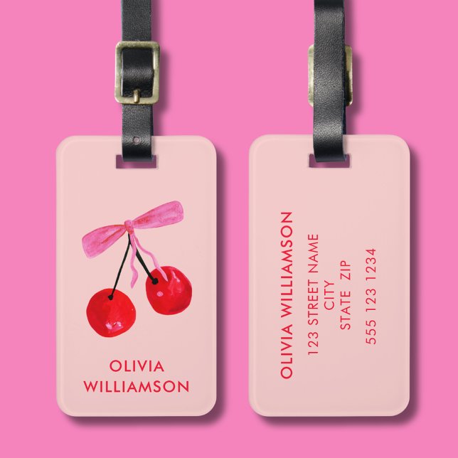 Etiqueta De Bagagem Arco Colette Cherry & Pink (Cherry & pink bow coquette aesthetic personalized luggage tag)