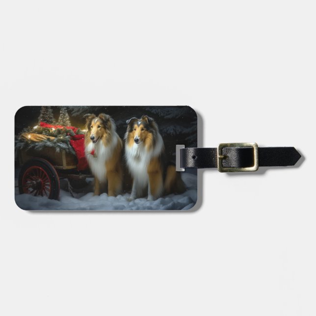 Etiqueta De Bagagem Arranjo de Natal de Collie Snowy Sleigh (Frente Horizontal)