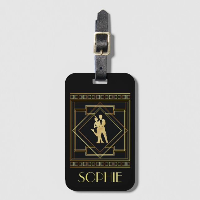 Etiqueta De Bagagem Art Deco preto e ouro 1920 personalizável (Frente Vertical)