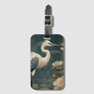 Etiqueta De Bagagem Arte Botânica Vintage Grou Azul e Lótus