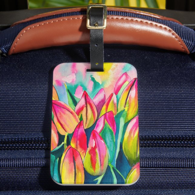 Etiqueta De Bagagem Arte de tulipas de aquarela rosa (Frente Insitu 2)