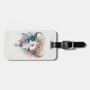 Etiqueta De Bagagem Arte em Aquarela de Crânio de Touro Floral