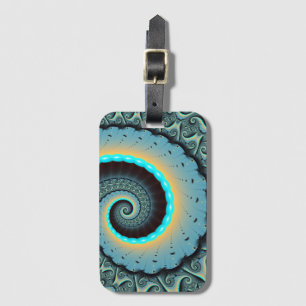 Etiqueta De Bagagem Arte Fractal Espiral Azul Turquesa Laranja Abstrat