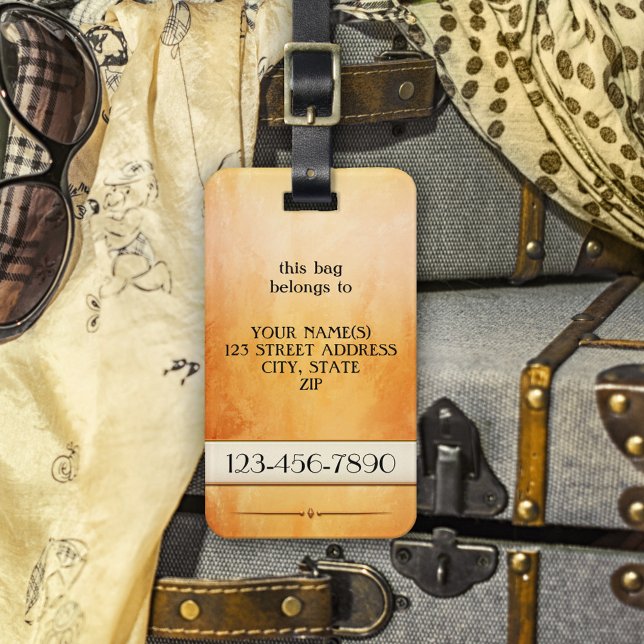 Etiqueta de Bagagem Artística Retrópica Dourada La (Luggage tag featuring an elegant painted design in rose gold and orange with ivory cream)