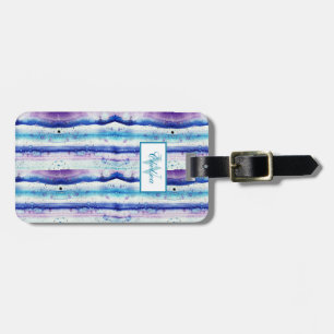Etiqueta De Bagagem Artsy Teal, Marinho Azul, Purple Watercolor Streak