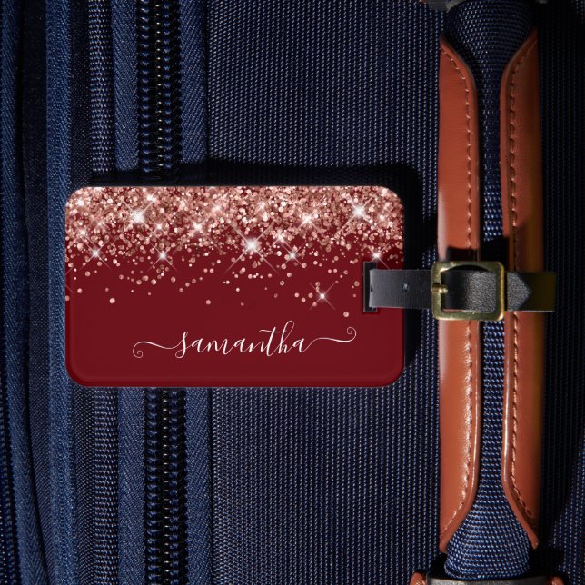 Etiqueta De Bagagem Assinatura da Rapariga Glitter Dourada Burgundy e  (Frente Insitu 4)