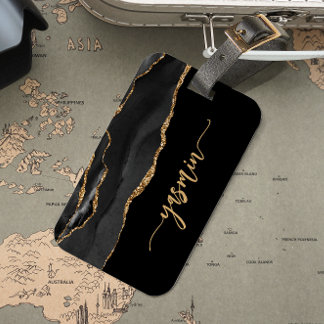 Etiqueta De Bagagem Assinatura Personalizada Agate Dourado Preto