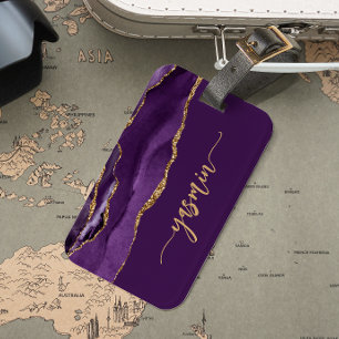 Etiqueta De Bagagem Assinatura Personalizada Agate Dourado Roxo