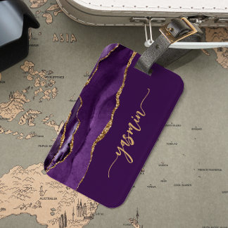 Etiqueta De Bagagem Assinatura Personalizada Agate Dourado Roxo