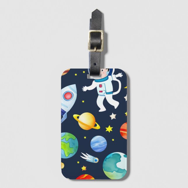 Etiqueta De Bagagem Astronaut in Space Planets and Rockets Pattern (Frente Vertical)