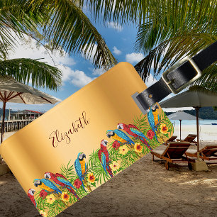 Etiqueta De Bagagem Aves tropicais papagaios palma dourado nome