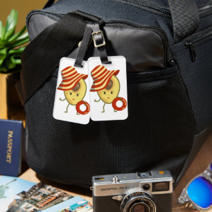 Etiqueta De Bagagem Avocado, garota de praia com chapéu de sol e anel