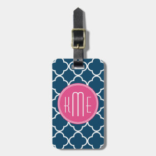 Etiqueta De Bagagem Azuis marinhos elegantes Quatrefoil com monograma