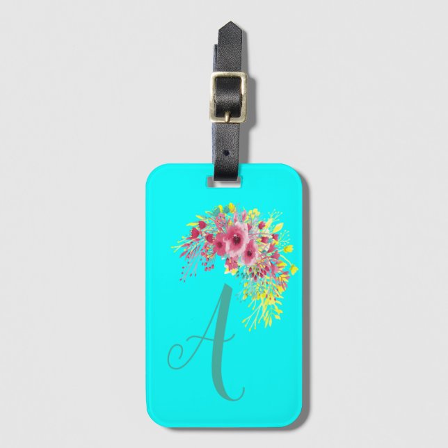 Etiqueta De Bagagem Azul Aqua/Teal e floral monogramas (Frente Vertical)
