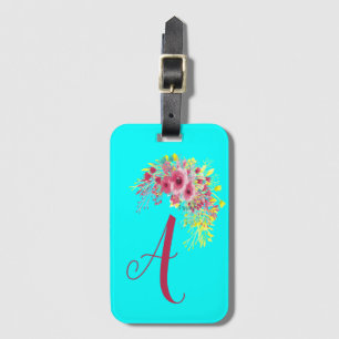 Etiqueta De Bagagem Azul aquático e floral monograma