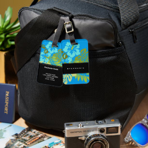 Etiqueta De Bagagem Azul azure do hibiscus tropical moderno da praia