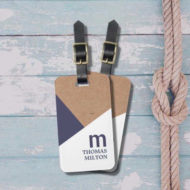Etiqueta De Bagagem Azul Branco Kraft Impresso Geométrico Moderno (Criador carregado)