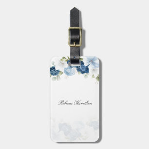 Etiqueta De Bagagem Azul Empoeirado Aquarela Floral Script Personaliza