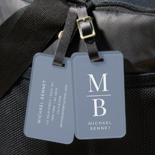 Etiqueta De Bagagem Azul empoeirado Elegante Monograma