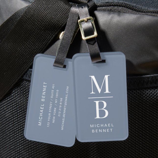 Etiqueta De Bagagem Azul empoeirado Elegante Monograma (Elegant Monogrammed Dusty Blue Luggage Tag)