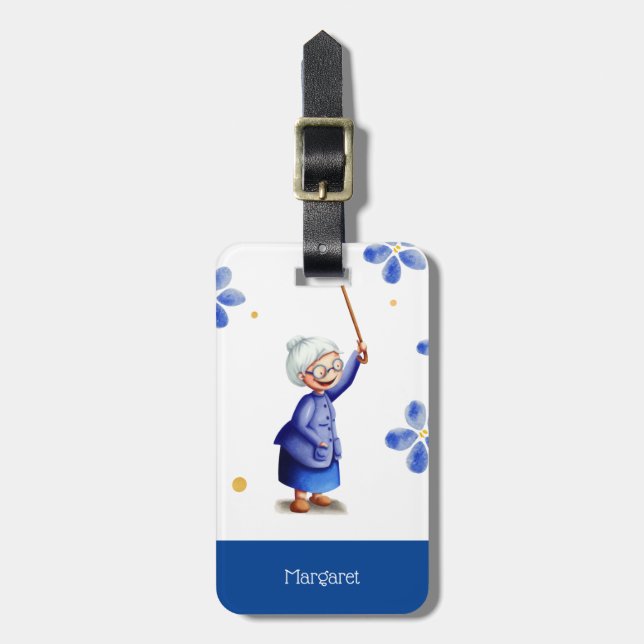 Etiqueta De Bagagem Azul Floral Watercolor Vovó (Frente Vertical)