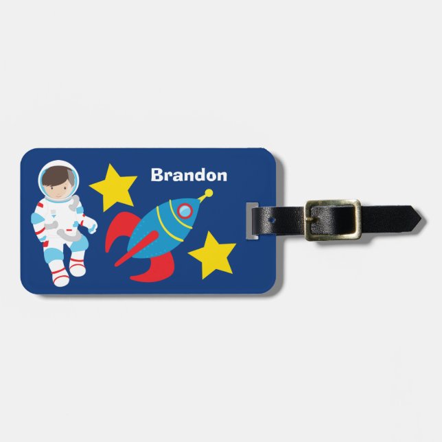 Etiqueta De Bagagem Azul legal Astronauta Roket Ship Kids (Frente Horizontal)
