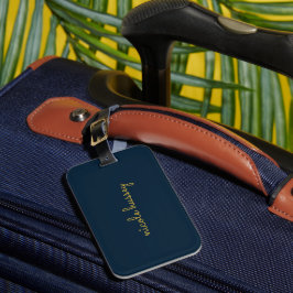 Etiqueta De Bagagem Azul Marinho Dourado Script  | Monograma Moderno E