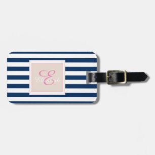 Etiqueta De Bagagem Azul Marinho Listrado Monograma-Personalizado