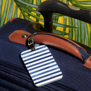Etiqueta De Bagagem Azul Marinho & Listras Brancas Design Náutico Cost