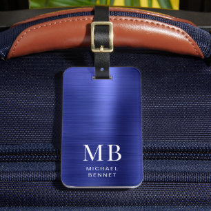Etiqueta De Bagagem Azul-Marinho monograma elegante
