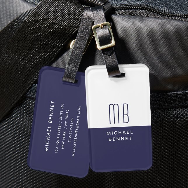 Etiqueta De Bagagem Azul-Marinho monograma elegante (Elegant Monogrammed Navy Blue Luggage Tag)