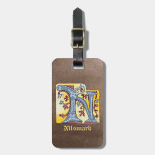 Etiqueta De Bagagem Azul Medieval e Vermelho Ivy Iluminado - Letra N