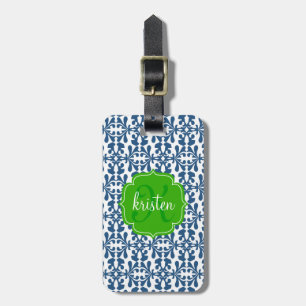 Etiqueta De Bagagem Azul Moderno, árabe Damask Green Personalizado