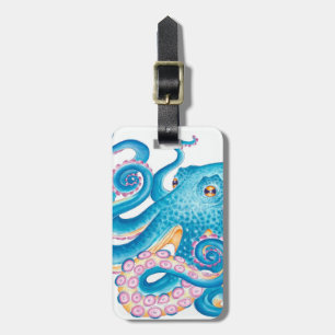 Etiqueta De Bagagem Azul Octopus Kraken Laranja Cor de Água Rosa Azul