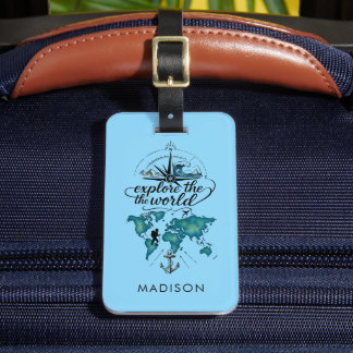 Etiqueta De Bagagem Azul Sólido Brilhante Personalizado Explore o Mund