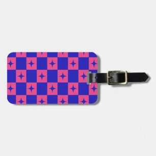 Etiqueta De Bagagem Azulejo Xadrez Azul e Rosa Com Padrão de Brilhos