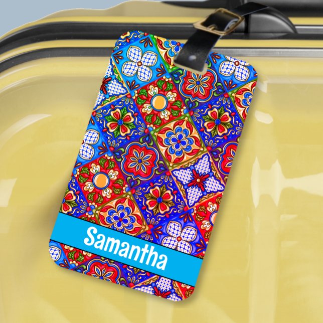 Etiqueta De Bagagem Azulejos vermelhos roxos do talavera mexicano (Criador carregado)