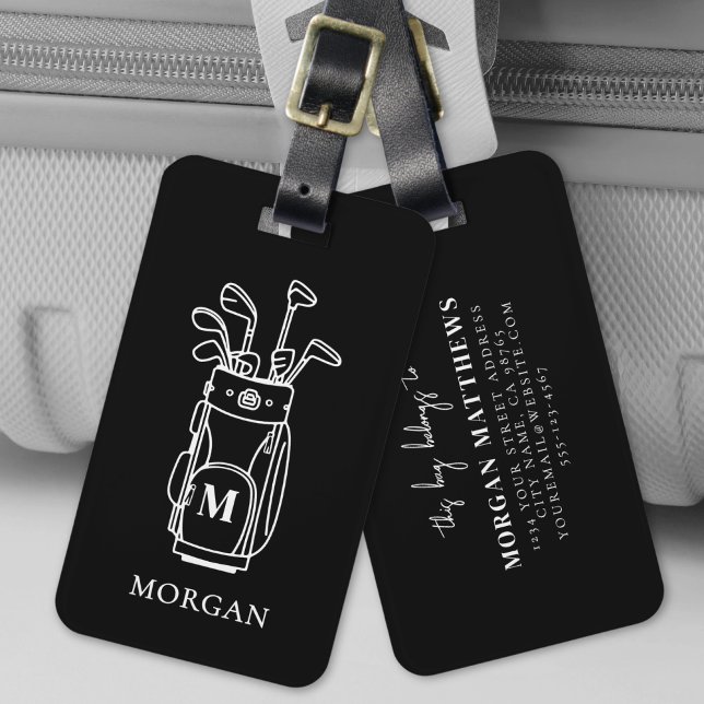 Etiqueta De Bagagem Bag de Golfe do Monograma Preto (Black Monogram Golf Bag Luggage Tag)