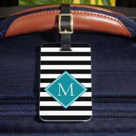 Etiqueta De Bagagem Bagagem Monograma Diamante Teal com Listras Pretas