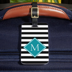 Etiqueta De Bagagem Bagagem Monograma Diamante Teal com Listras Pretas