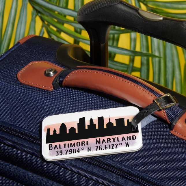 Etiqueta De Bagagem Baltimore Skyline Latitude e Longitude (Frente Insitu 3)