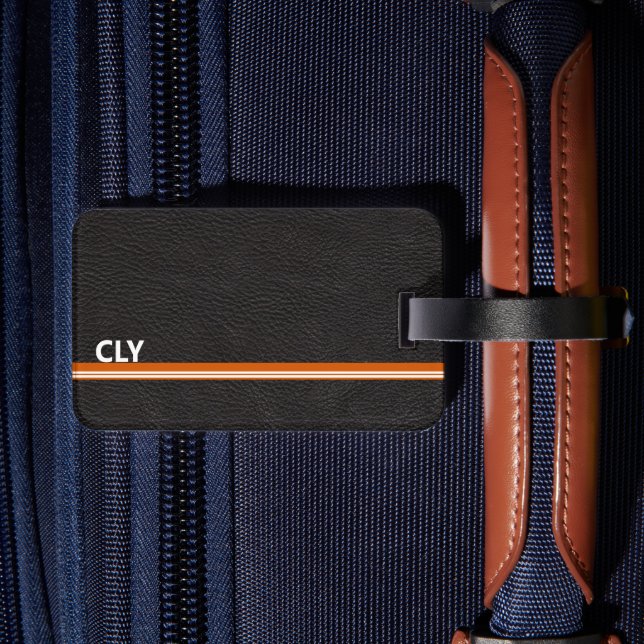 Etiqueta De Bagagem Bar Laranja de Couro Preto Faux Monograma (Verso Insitu 2)