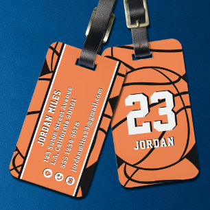 Etiqueta De Bagagem Basquete Bola Laranja Nome Personalizado & Número
