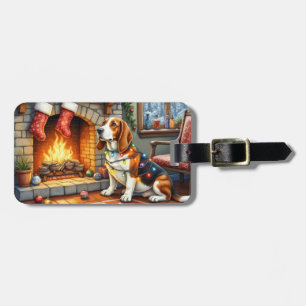 Etiqueta De Bagagem Basset Hound Lareira com Luzes de Natal