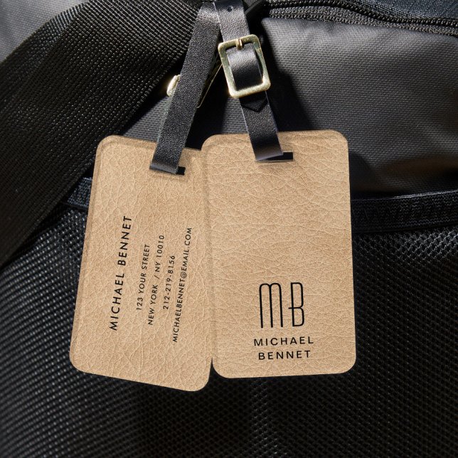 Etiqueta De Bagagem Bege Elegante Monogramado (Monogrammed Elegant Beige Luggage Tag)